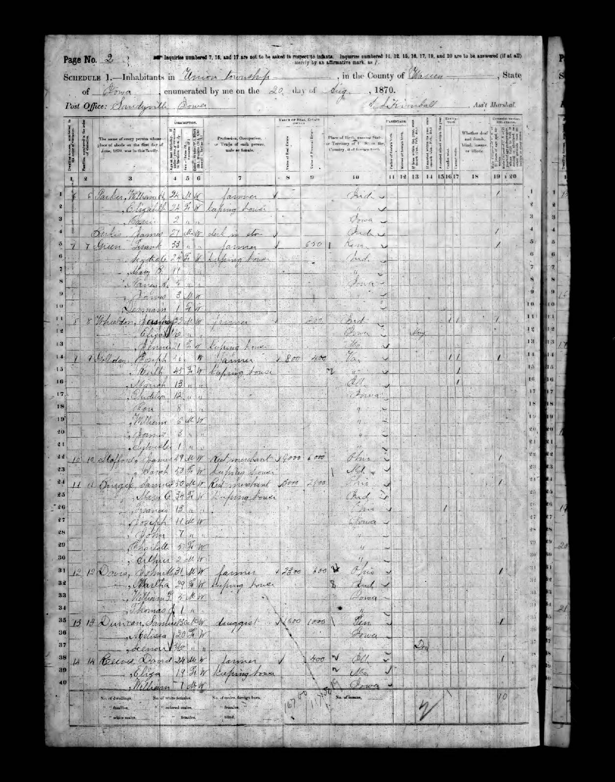 Warren County, IA 1870 [S] Census Index