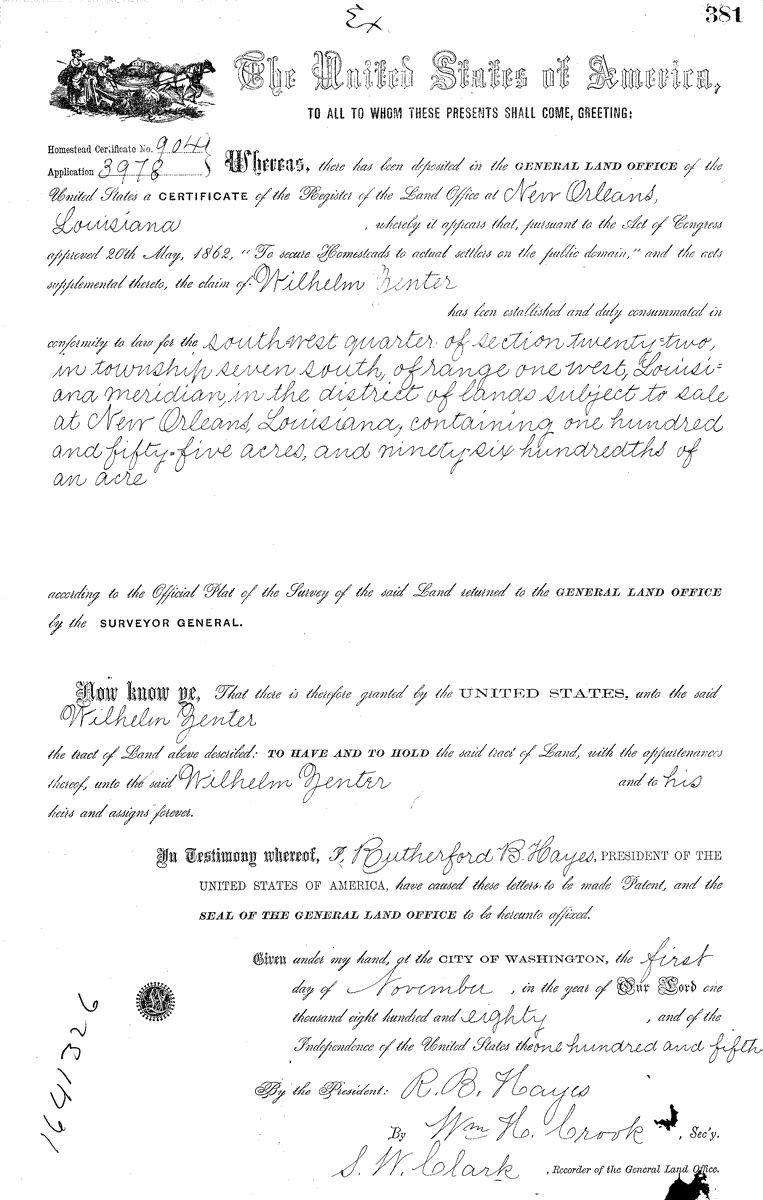 Wilhelm Zenter Land Patent