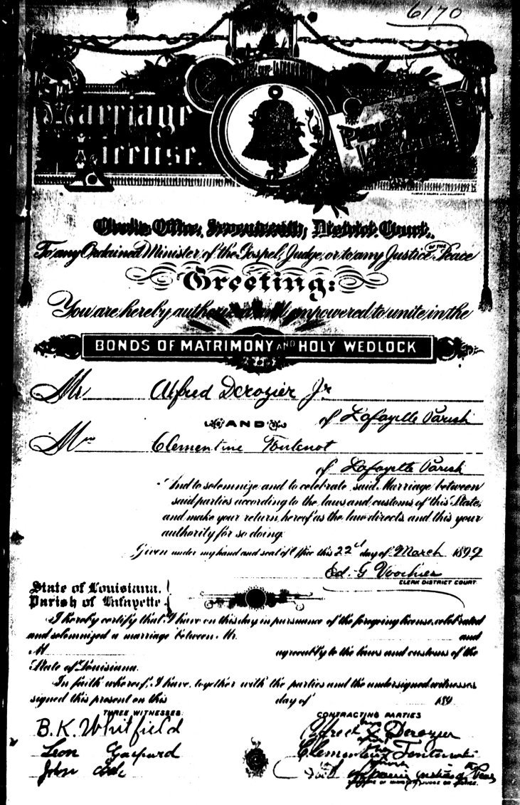 Marriage Certificate for Alfred DeRosier and Clementine Fontenot 1899