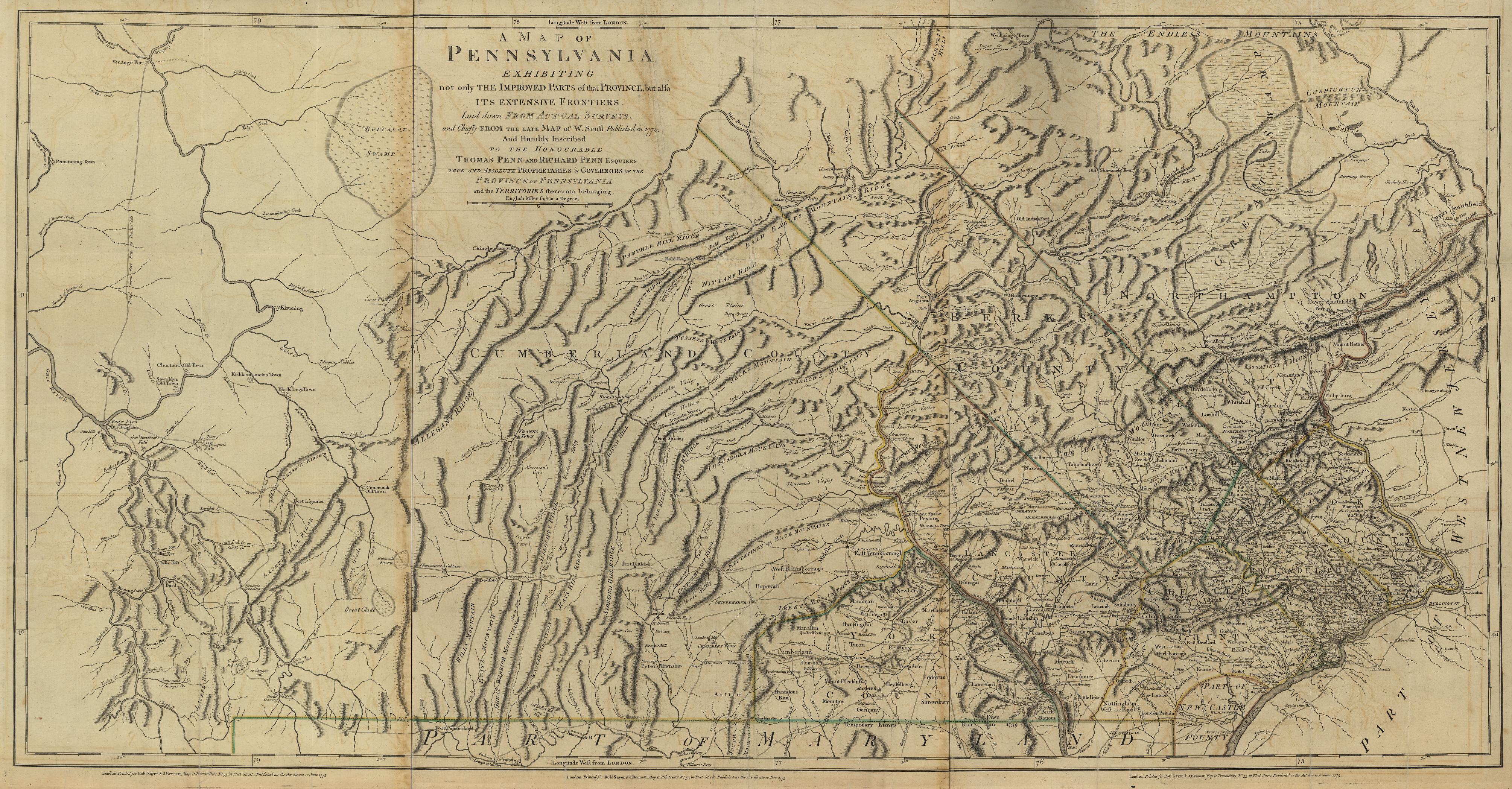 1770 PA MAP WASHINGTON ALLEGHENY WESTMORELAND COUNTY Old Pennsylvania History XL 