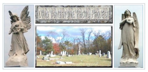 Ohio Tombstone Photo Project logo, two angels, title in stone above a cemetery image