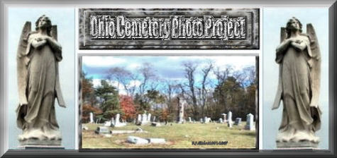 Ohio Tombstone Photo Project logo, two angels, title in stone above a cemetery image