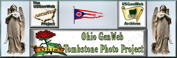 Ohio Tombstone Photo Project logo, two angels, title in stone above a cemetery image