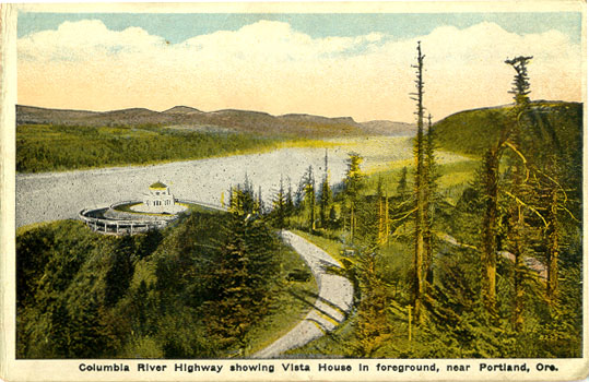 J527 Antique Linen Postcard City Park Canyon Rd Vista Bridge Mt Hood Portland OR 